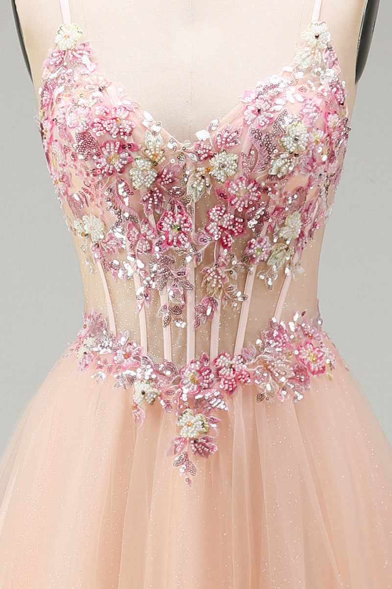 Laden Sie das Bild in den Galerie-Viewer, Champagner-A-Linie Tüll-Transparentes Korsett, geblümtes langes Abschlussballkleid mit Spitze hinten