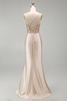 Champagner Meerjungfrauen Satin Korsett Langes Abschlussballkleid mit Schlitz