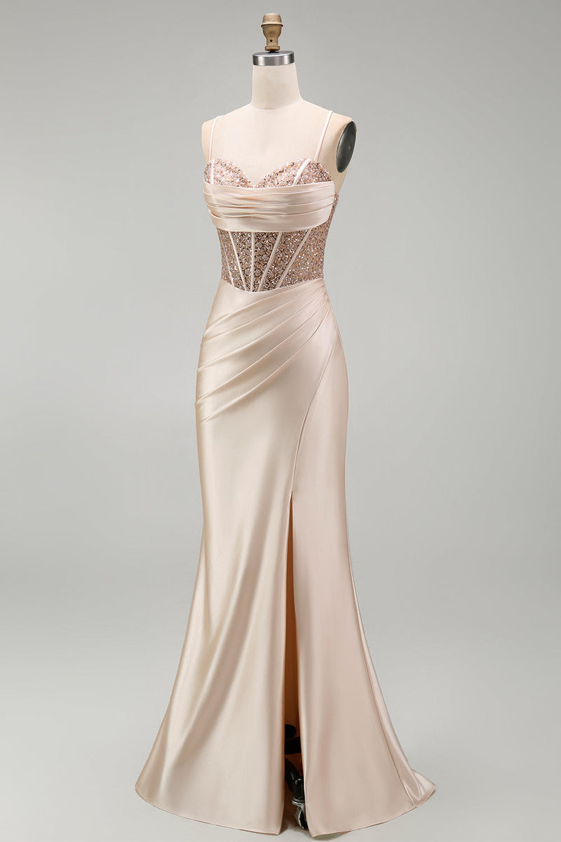 Laden Sie das Bild in den Galerie-Viewer, Champagner-Meerjungfrauen-Satin-Korsett, langes Abschlussballkleid mit Schlitz