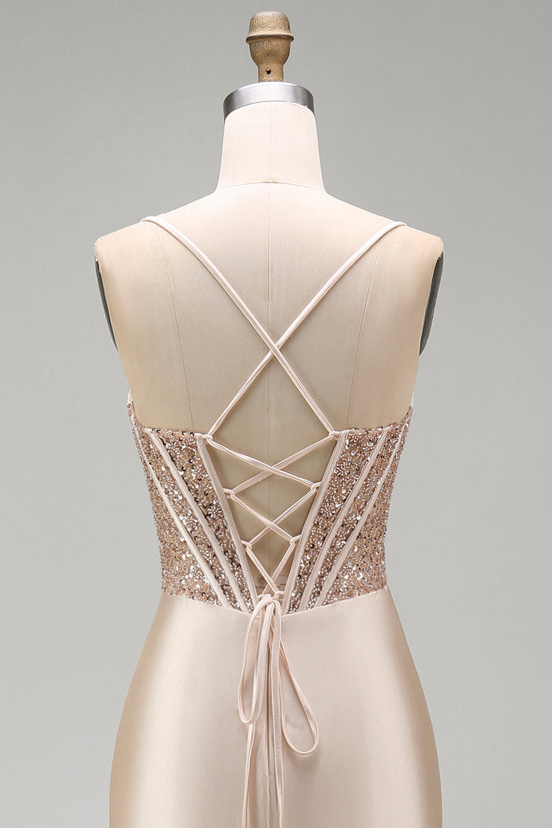 Laden Sie das Bild in den Galerie-Viewer, Champagner-Meerjungfrauen-Satin-Korsett, langes Abschlussballkleid mit Schlitz