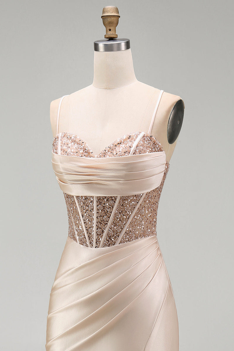 Laden Sie das Bild in den Galerie-Viewer, Champagner-Meerjungfrauen-Satin-Korsett, langes Abschlussballkleid mit Schlitz