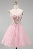 Laden Sie das Bild in den Galerie-Viewer, A-Linie Rosa Blumen Korsett Spaghettiträger Pailletten Kurzes Abendkleid mit Perlen