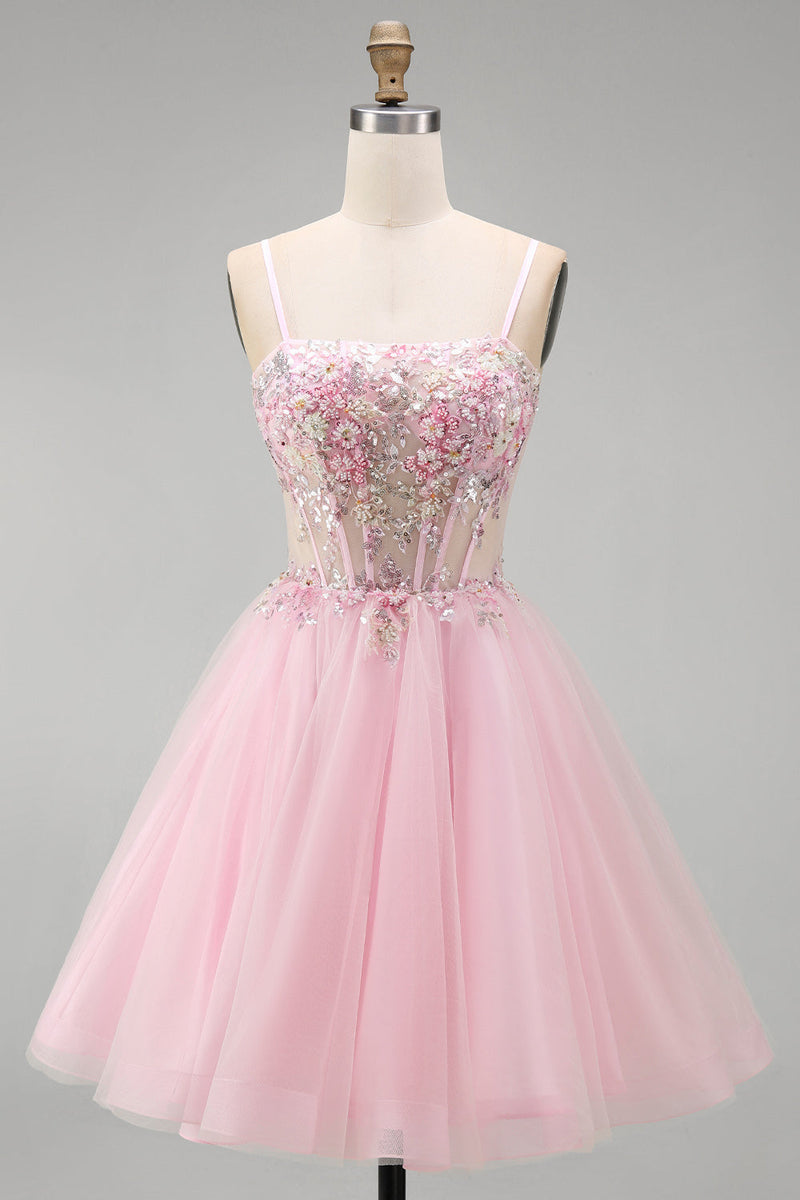 Laden Sie das Bild in den Galerie-Viewer, A-Linie Rosa Blumen Korsett Spaghettiträger Pailletten Kurzes Abendkleid mit Perlen