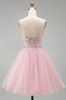 Laden Sie das Bild in den Galerie-Viewer, A-Linie Rosa Blumen Korsett Spaghettiträger Pailletten Kurzes Abendkleid mit Perlen