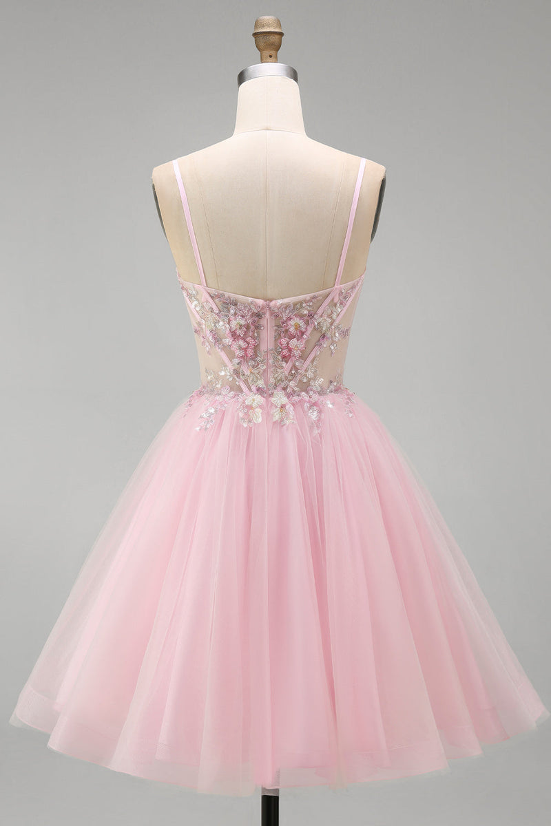 Laden Sie das Bild in den Galerie-Viewer, A-Linie Rosa Blumen Korsett Spaghettiträger Pailletten Kurzes Abendkleid mit Perlen