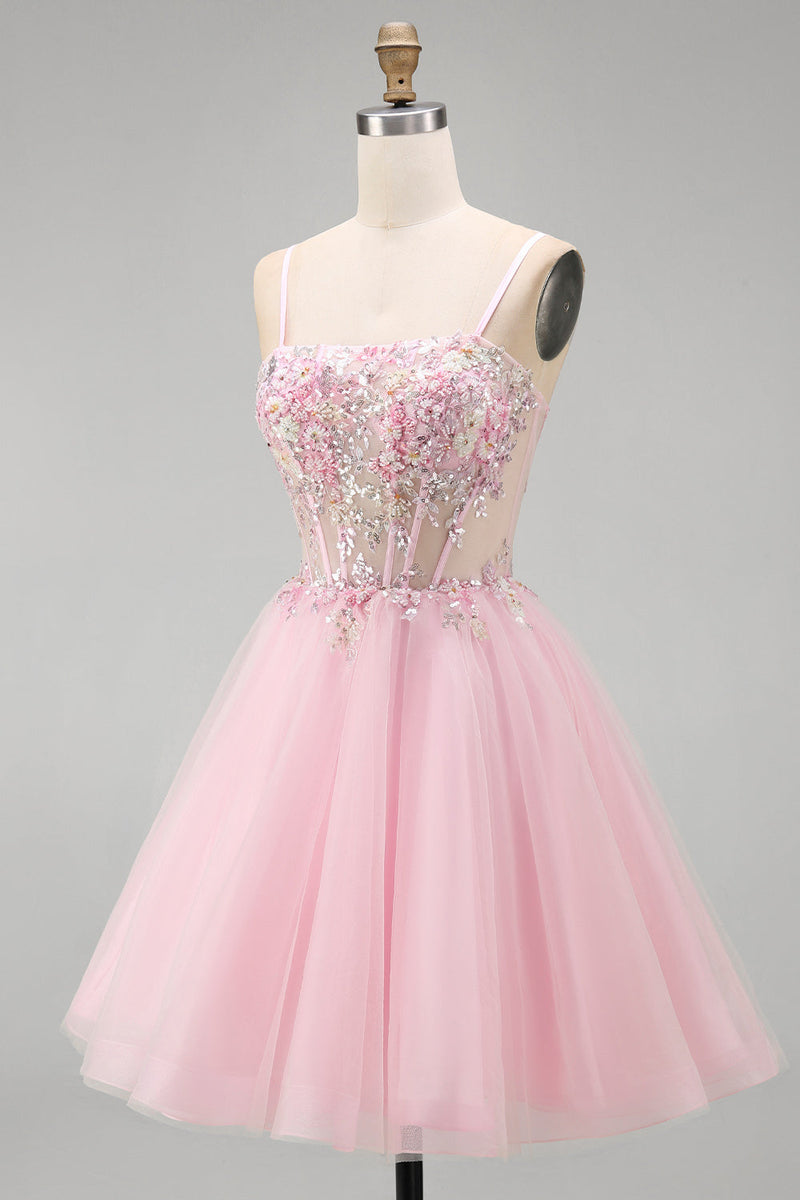 Laden Sie das Bild in den Galerie-Viewer, A-Linie Rosa Blumen Korsett Spaghettiträger Pailletten Kurzes Abendkleid mit Perlen