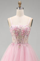 Laden Sie das Bild in den Galerie-Viewer, A-Linie Rosa Blumen Korsett Spaghettiträger Pailletten Kurzes Abendkleid mit Perlen