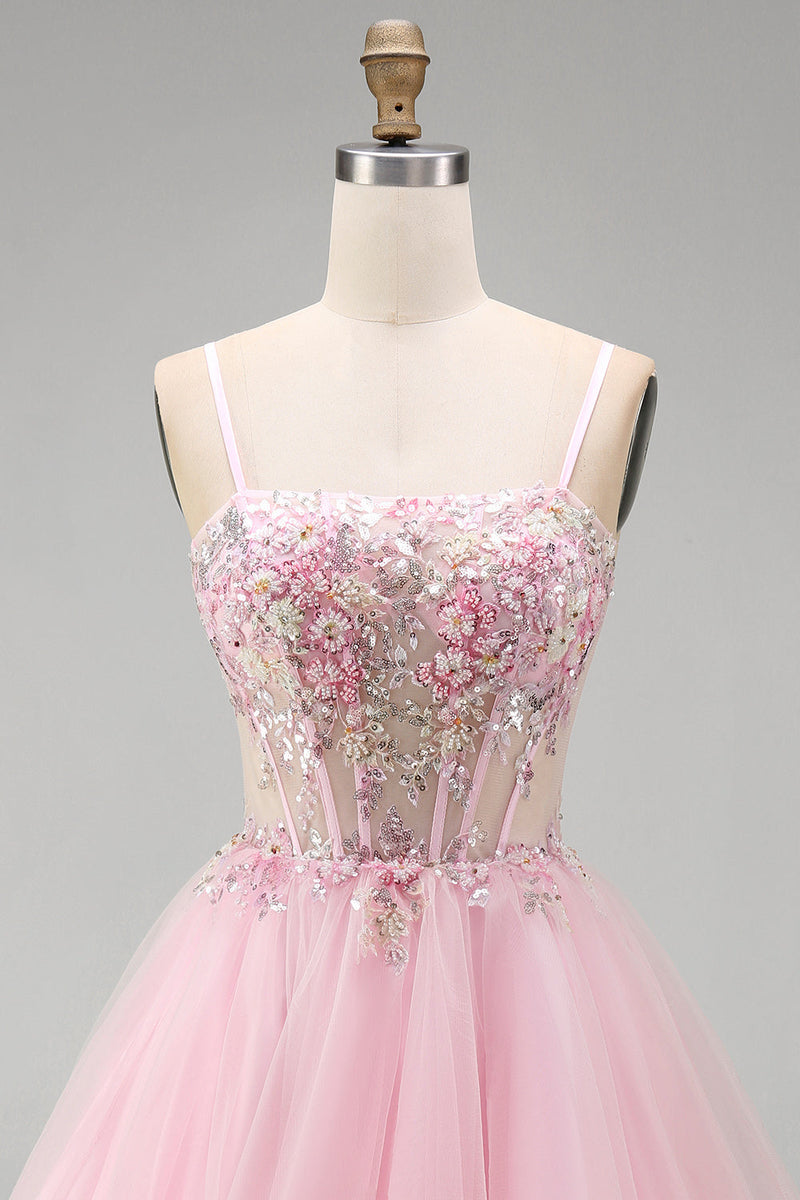 Laden Sie das Bild in den Galerie-Viewer, A-Linie Rosa Blumen Korsett Spaghettiträger Pailletten Kurzes Abendkleid mit Perlen