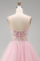 Laden Sie das Bild in den Galerie-Viewer, A-Linie Rosa Blumen Korsett Spaghettiträger Pailletten Kurzes Abendkleid mit Perlen