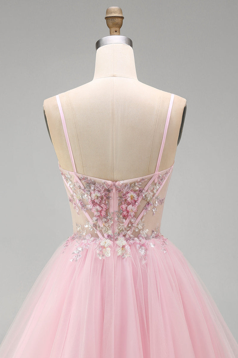 Laden Sie das Bild in den Galerie-Viewer, A-Linie Rosa Blumen Korsett Spaghettiträger Pailletten Kurzes Abendkleid mit Perlen