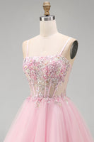 Laden Sie das Bild in den Galerie-Viewer, A-Linie Rosa Blumen Korsett Spaghettiträger Pailletten Kurzes Abendkleid mit Perlen