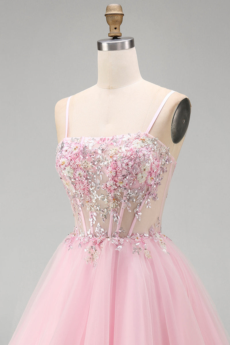 Laden Sie das Bild in den Galerie-Viewer, A-Linie Rosa Blumen Korsett Spaghettiträger Pailletten Kurzes Abendkleid mit Perlen