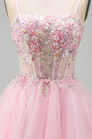Laden Sie das Bild in den Galerie-Viewer, A-Linie Rosa Blumen Korsett Spaghettiträger Pailletten Kurzes Abendkleid mit Perlen