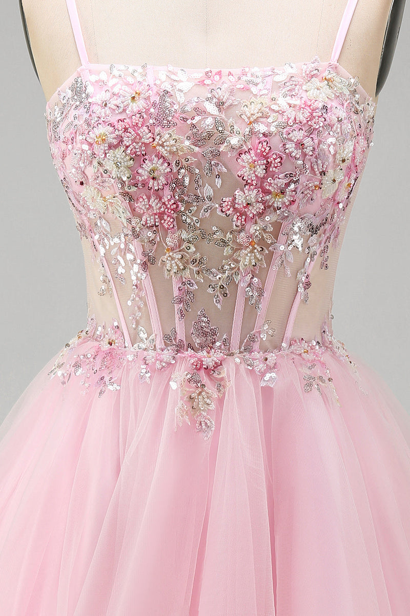 Laden Sie das Bild in den Galerie-Viewer, A-Linie Rosa Blumen Korsett Spaghettiträger Pailletten Kurzes Abendkleid mit Perlen