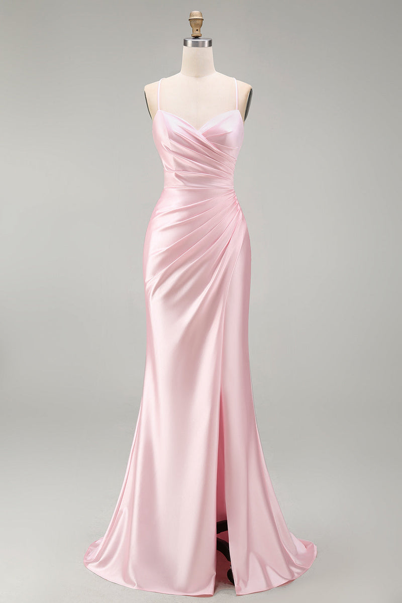 Laden Sie das Bild in den Galerie-Viewer, Satinrosa Meerjungfrauen, gerafftes langes Abschlussballkleid mit Schlitz