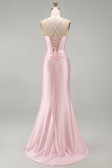Rosa Satin Meerjungfrauen Gerafftes Langes Abschlussballkleid mit Schlitz