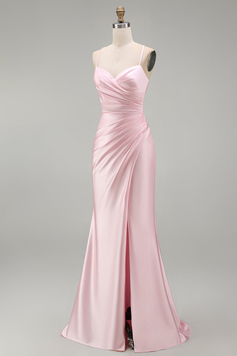 Laden Sie das Bild in den Galerie-Viewer, Satinrosa Meerjungfrauen, gerafftes langes Abschlussballkleid mit Schlitz