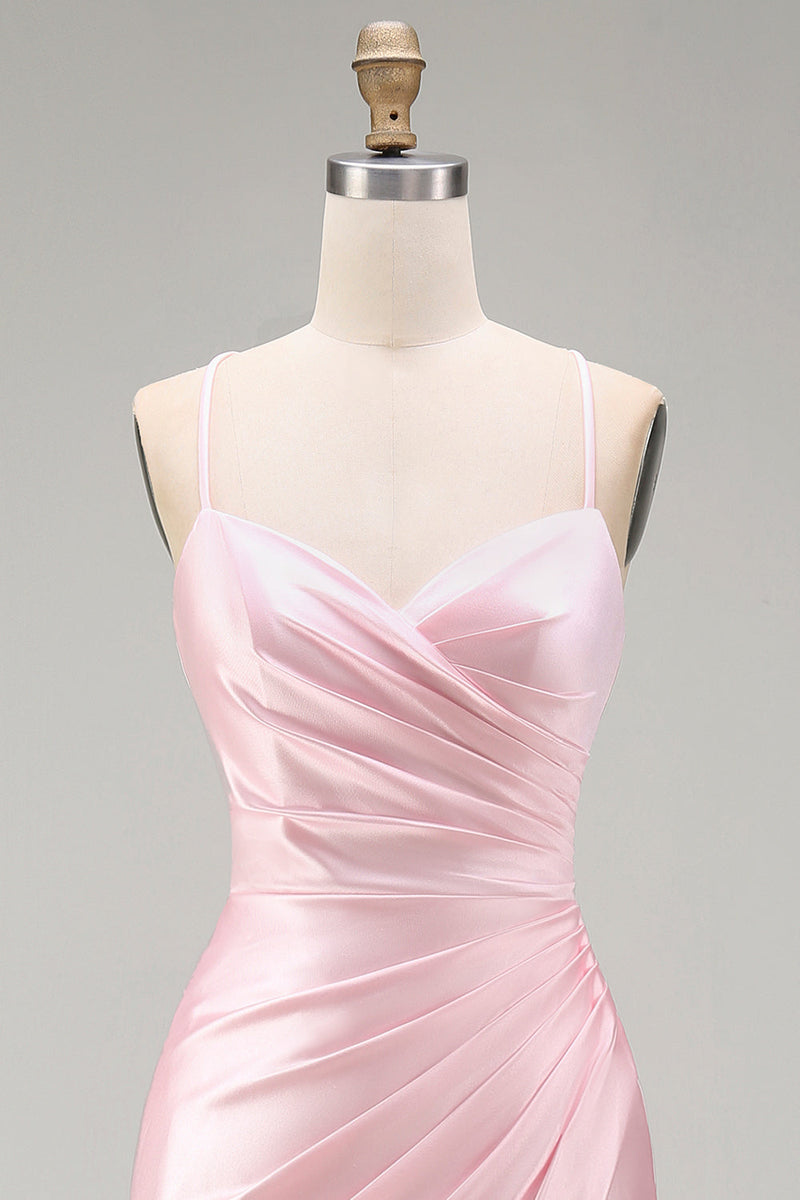 Laden Sie das Bild in den Galerie-Viewer, Satinrosa Meerjungfrauen, gerafftes langes Abschlussballkleid mit Schlitz