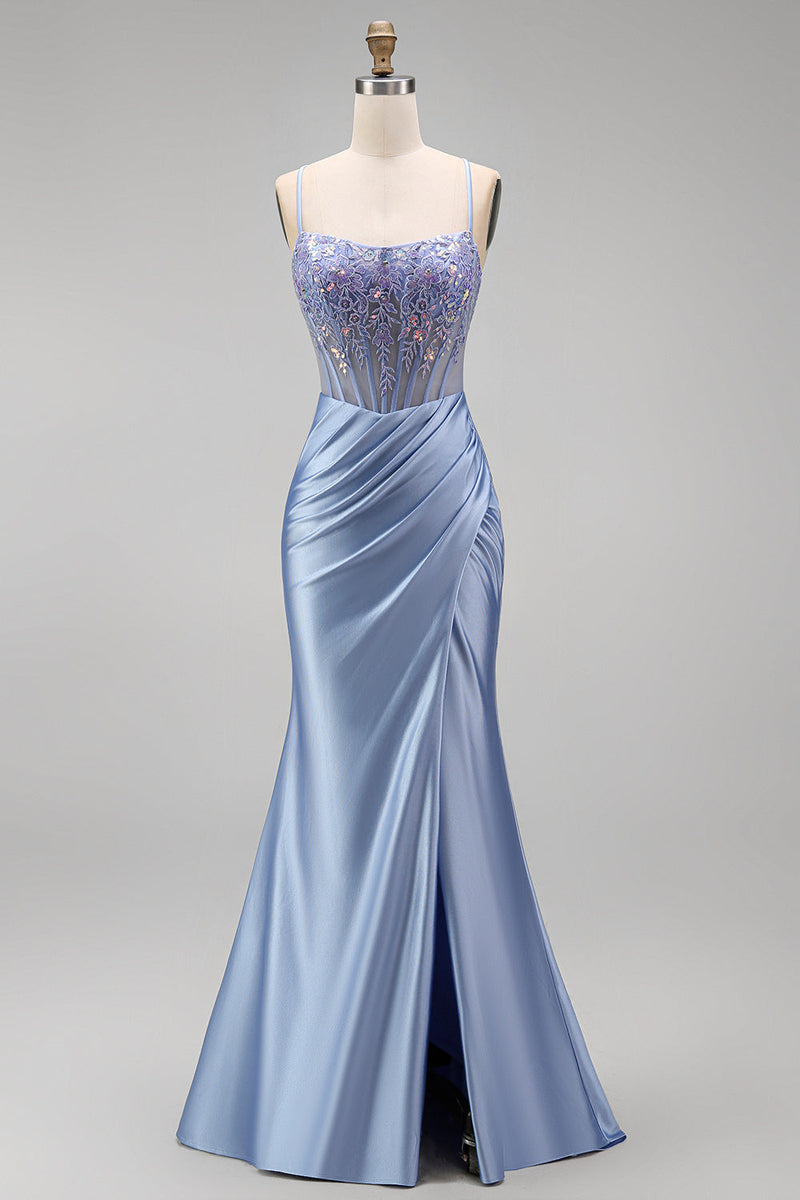 Laden Sie das Bild in den Galerie-Viewer, Staubiges blaues Blumenapplikationen, Pailletten, transparentes Korsett, geraffte Meerjungfrau, Satin, langes Abschlussballkleid