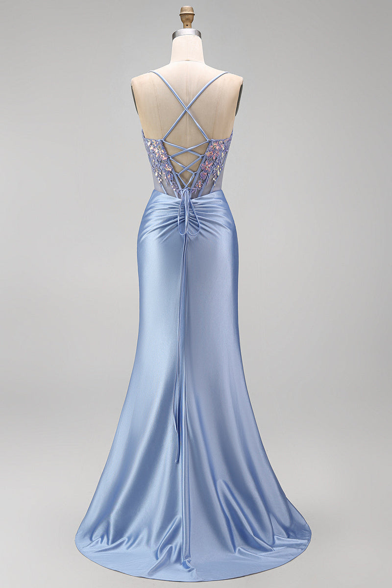 Laden Sie das Bild in den Galerie-Viewer, Staubiges blaues Blumenapplikationen, Pailletten, transparentes Korsett, geraffte Meerjungfrau, Satin, langes Abschlussballkleid