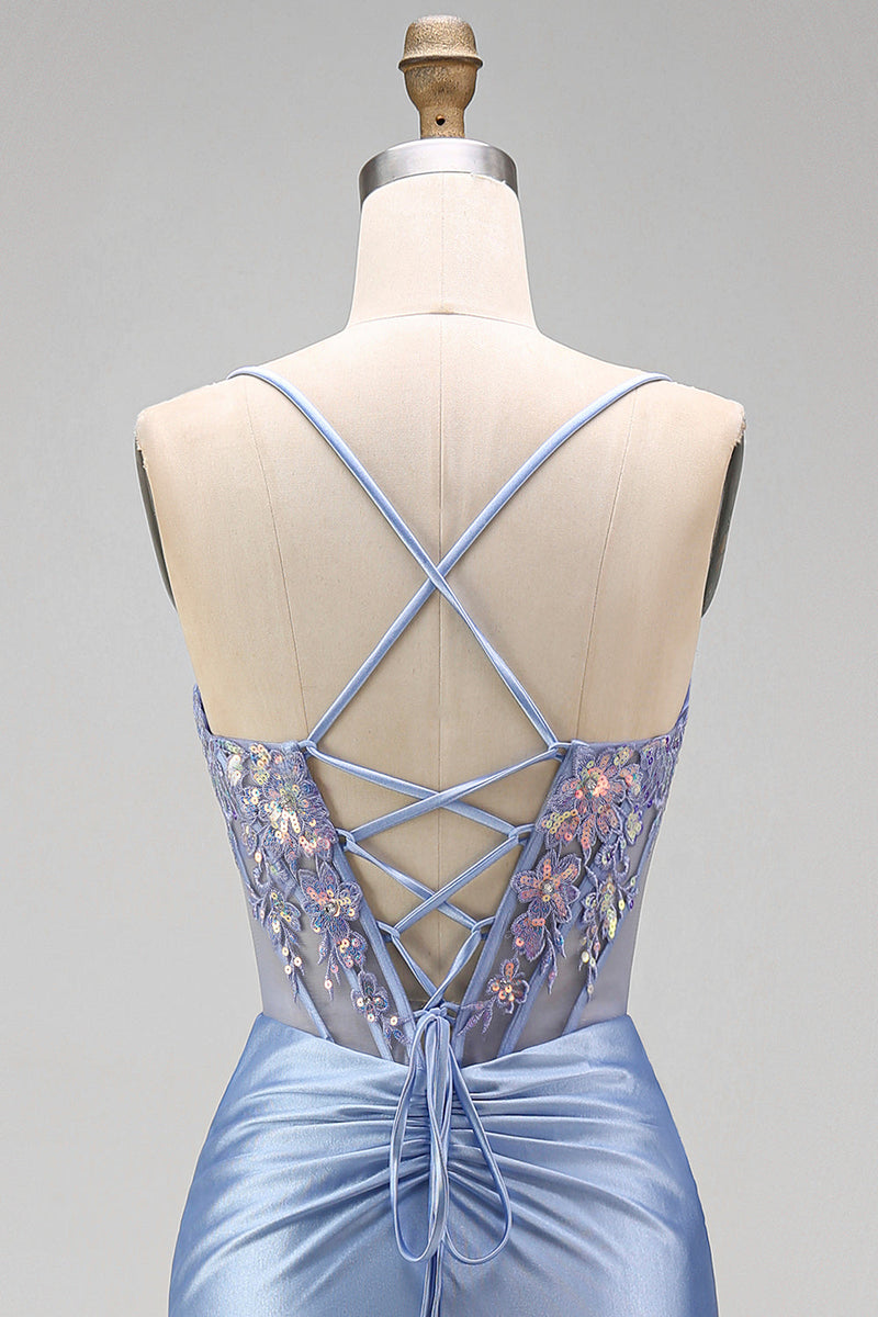 Laden Sie das Bild in den Galerie-Viewer, Staubiges blaues Blumenapplikationen, Pailletten, transparentes Korsett, geraffte Meerjungfrau, Satin, langes Abschlussballkleid