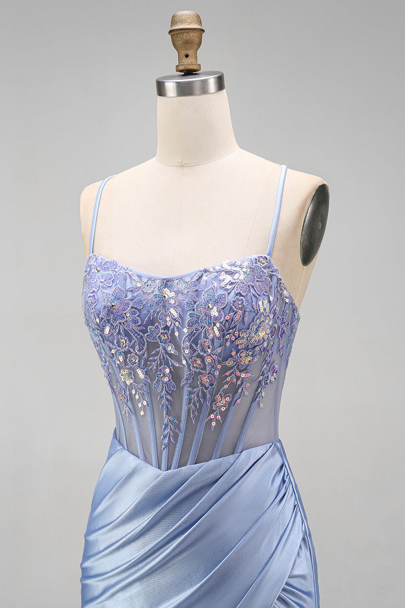 Laden Sie das Bild in den Galerie-Viewer, Staubiges blaues Blumenapplikationen, Pailletten, transparentes Korsett, geraffte Meerjungfrau, Satin, langes Abschlussballkleid