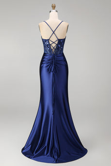 Marineblaues Blumenstickerei Korsett Gerafftes Meerjungfrauen Satin Langes Ballkleid mit seitlichem Schlitz
