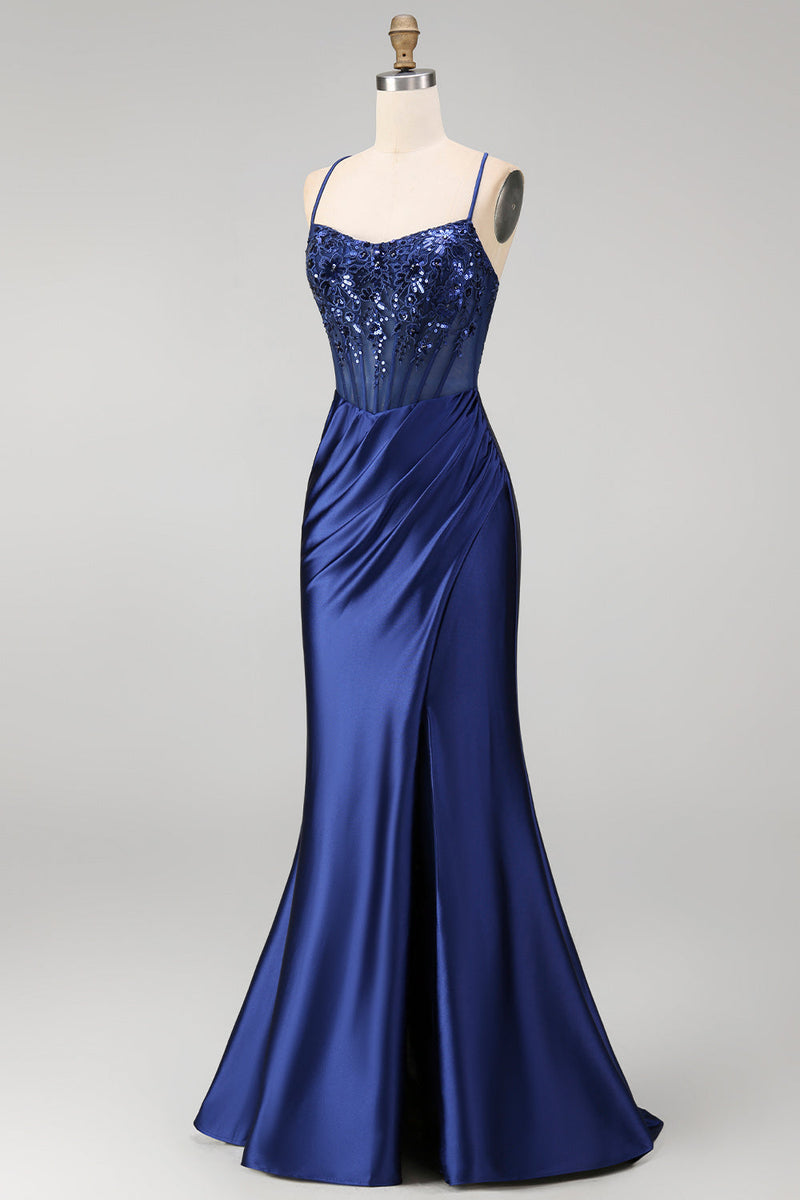 Laden Sie das Bild in den Galerie-Viewer, Marineblaues Blumenstickerei-Korsett mit gerafftem Meerjungfrauen-Satin-Langballkleid mit seitlichem Schlitz