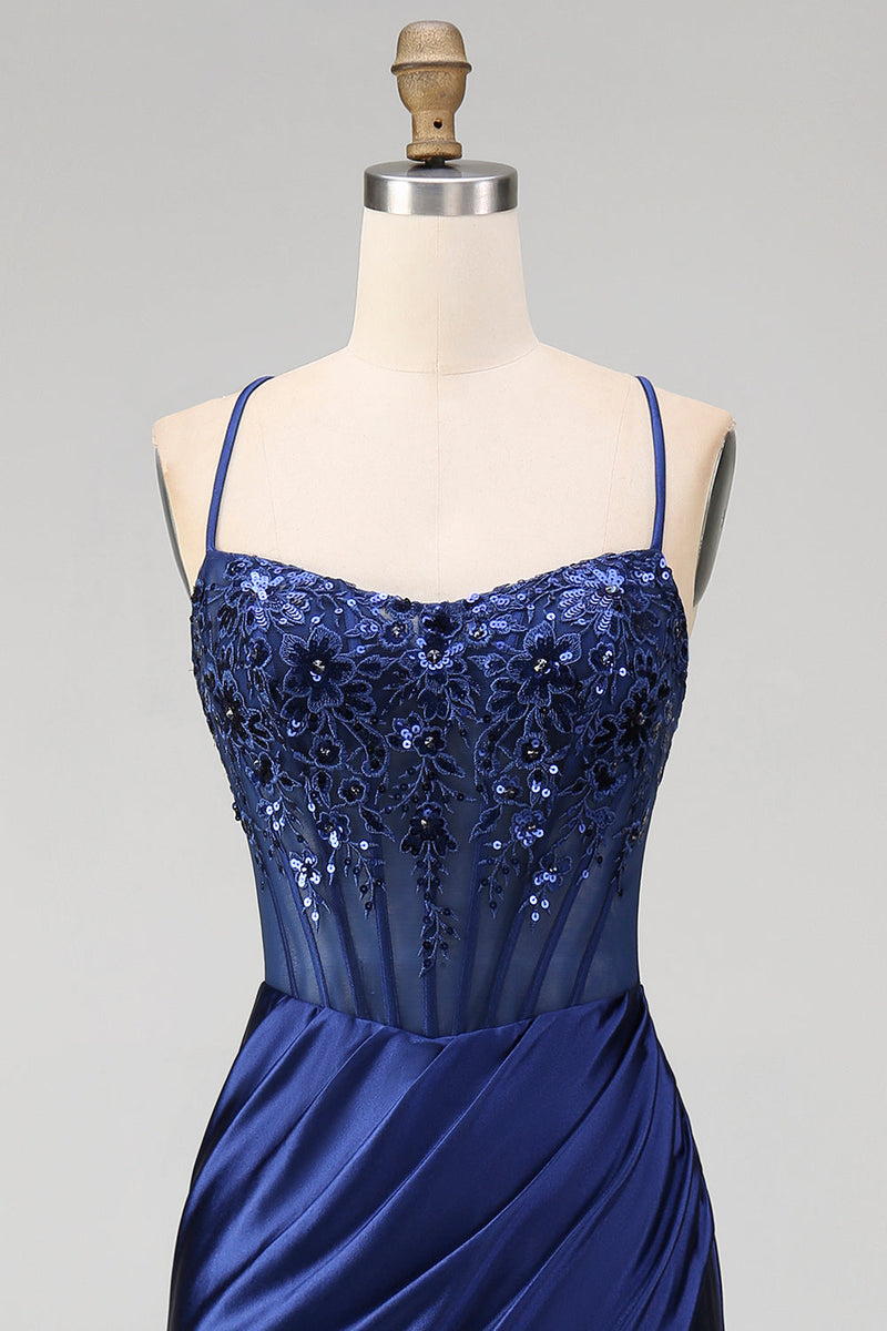 Laden Sie das Bild in den Galerie-Viewer, Marineblaues Blumenstickerei-Korsett mit gerafftem Meerjungfrauen-Satin-Langballkleid mit seitlichem Schlitz