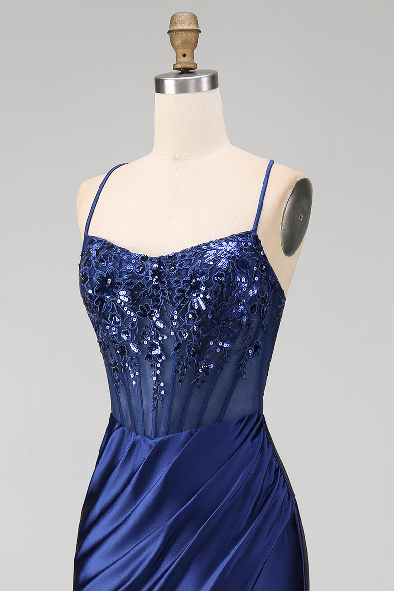 Laden Sie das Bild in den Galerie-Viewer, Marineblaues Blumenstickerei-Korsett mit gerafftem Meerjungfrauen-Satin-Langballkleid mit seitlichem Schlitz