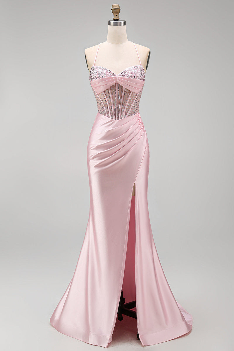 Laden Sie das Bild in den Galerie-Viewer, Satinfarbenes pinkes Korsett, gerafftes Meerjungfrauen-Langkleid mit seitlichem Schlitz