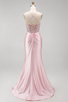 Laden Sie das Bild in den Galerie-Viewer, Satinfarbenes pinkes Korsett, gerafftes Meerjungfrauen-Langkleid mit seitlichem Schlitz