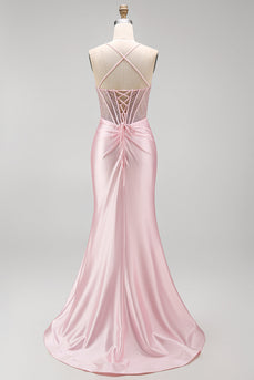 Satin Rosa Korsett Gerafftes Meerjungfrauen Langes Abendkleid mit seitlichem Schlitz