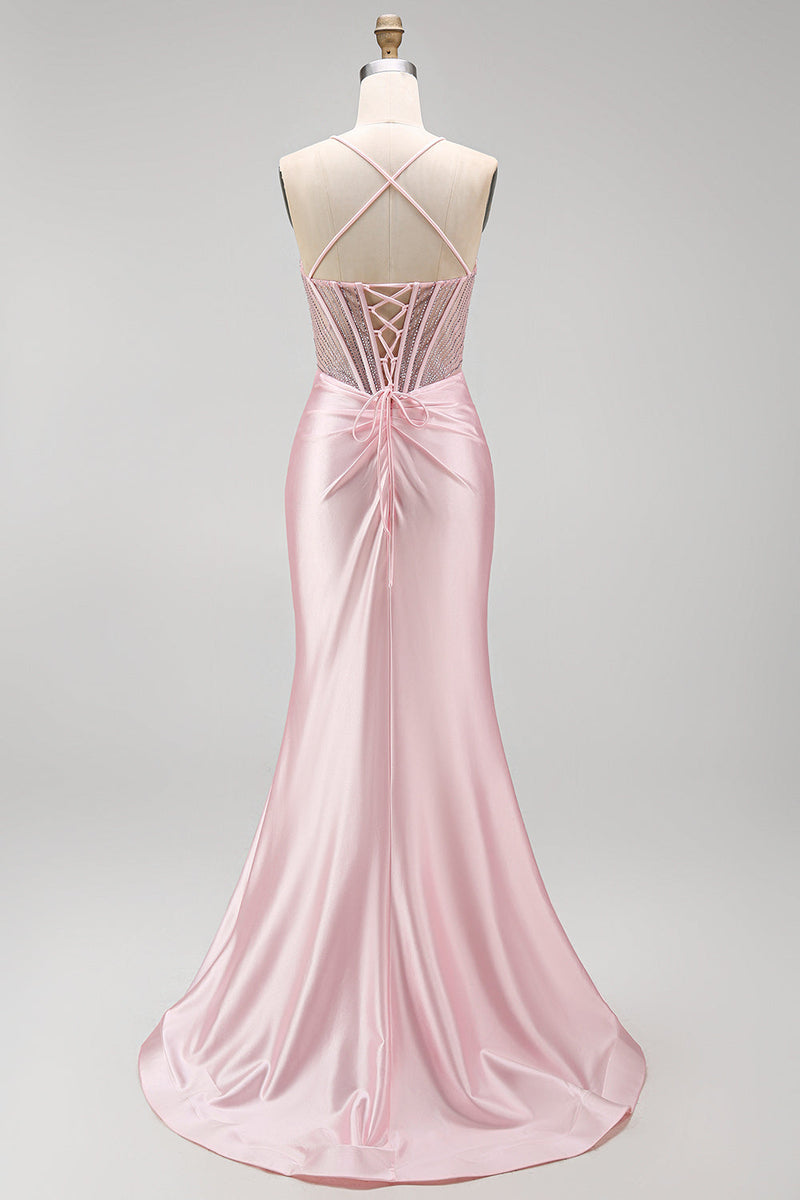 Laden Sie das Bild in den Galerie-Viewer, Satinfarbenes pinkes Korsett, gerafftes Meerjungfrauen-Langkleid mit seitlichem Schlitz