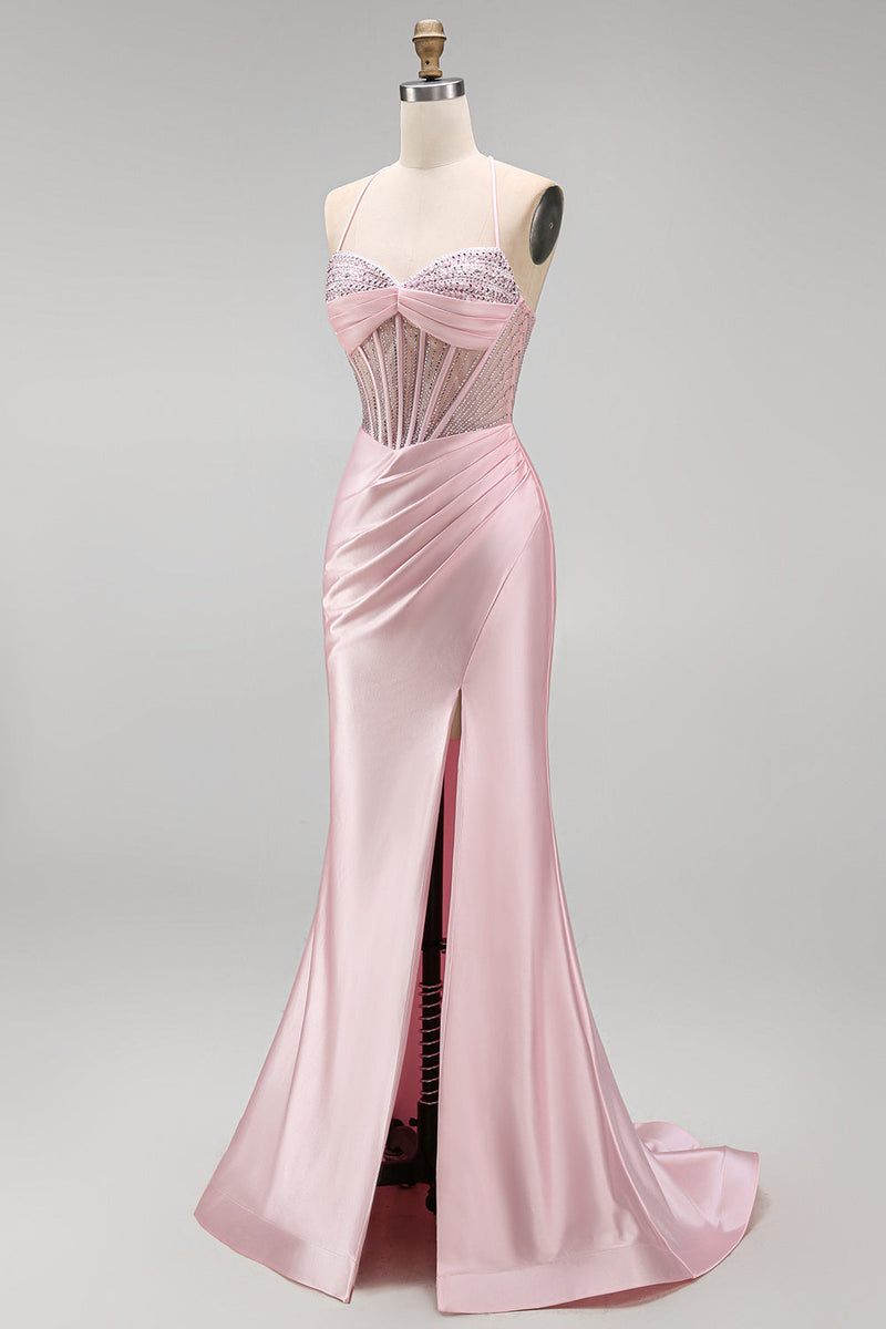 Laden Sie das Bild in den Galerie-Viewer, Satinfarbenes pinkes Korsett, gerafftes Meerjungfrauen-Langkleid mit seitlichem Schlitz