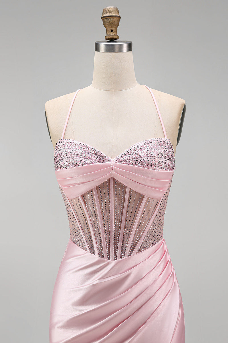 Laden Sie das Bild in den Galerie-Viewer, Satinfarbenes pinkes Korsett, gerafftes Meerjungfrauen-Langkleid mit seitlichem Schlitz