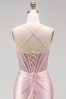 Laden Sie das Bild in den Galerie-Viewer, Satinfarbenes pinkes Korsett, gerafftes Meerjungfrauen-Langkleid mit seitlichem Schlitz