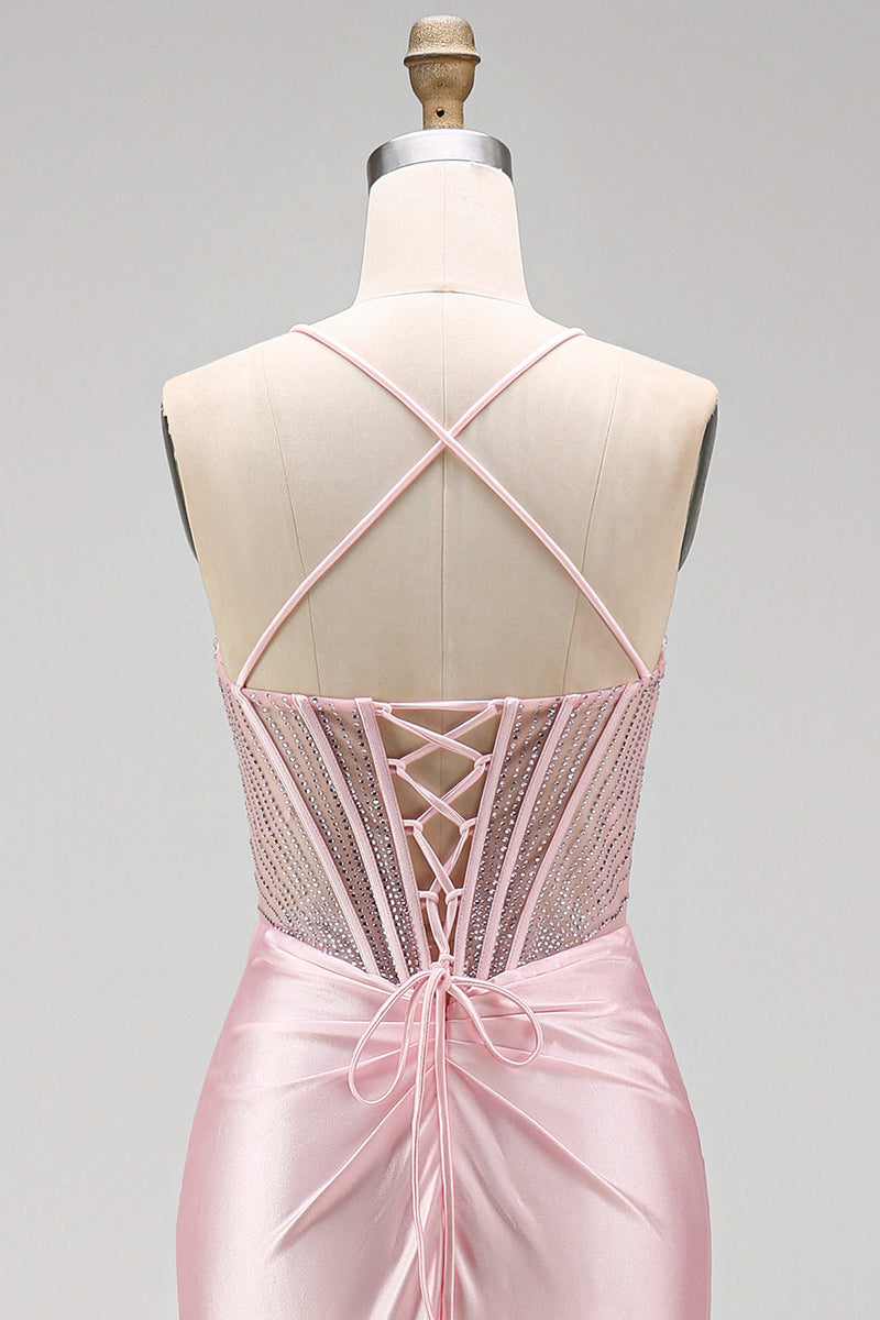 Laden Sie das Bild in den Galerie-Viewer, Satinfarbenes pinkes Korsett, gerafftes Meerjungfrauen-Langkleid mit seitlichem Schlitz