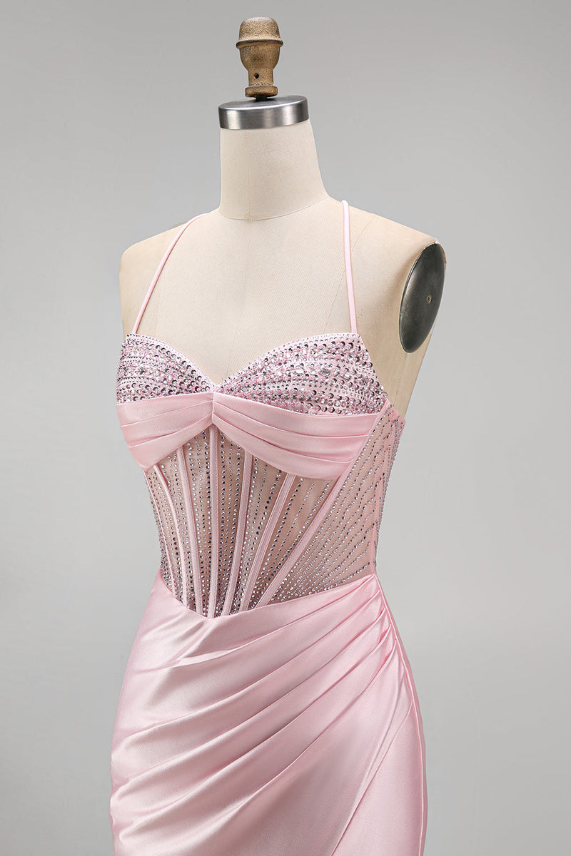 Laden Sie das Bild in den Galerie-Viewer, Satinfarbenes pinkes Korsett, gerafftes Meerjungfrauen-Langkleid mit seitlichem Schlitz