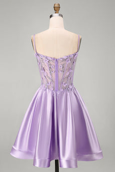 A-Line Lila Transparentes Korsett 3D-Blumen Perlen Kurzes Abendkleid mit Rüschen