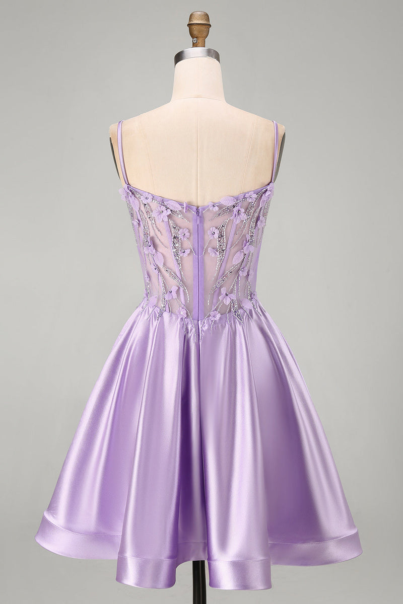 Laden Sie das Bild in den Galerie-Viewer, A-Line lilafarbenes, transparentes Korsett 3D-Blumen-Perlen-Homecoming-Kleid mit Rüschen