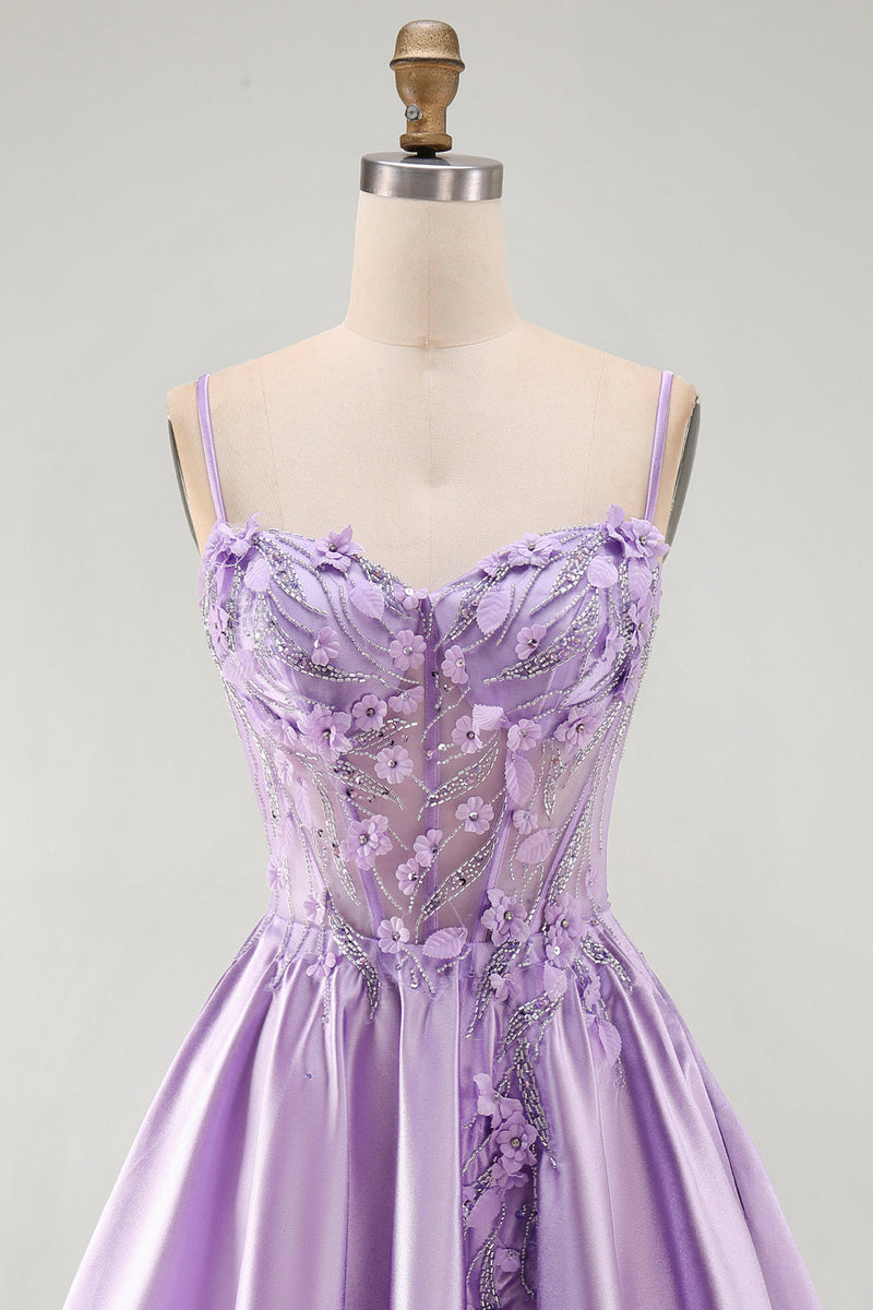 Laden Sie das Bild in den Galerie-Viewer, A-Line lilafarbenes, transparentes Korsett 3D-Blumen-Perlen-Homecoming-Kleid mit Rüschen