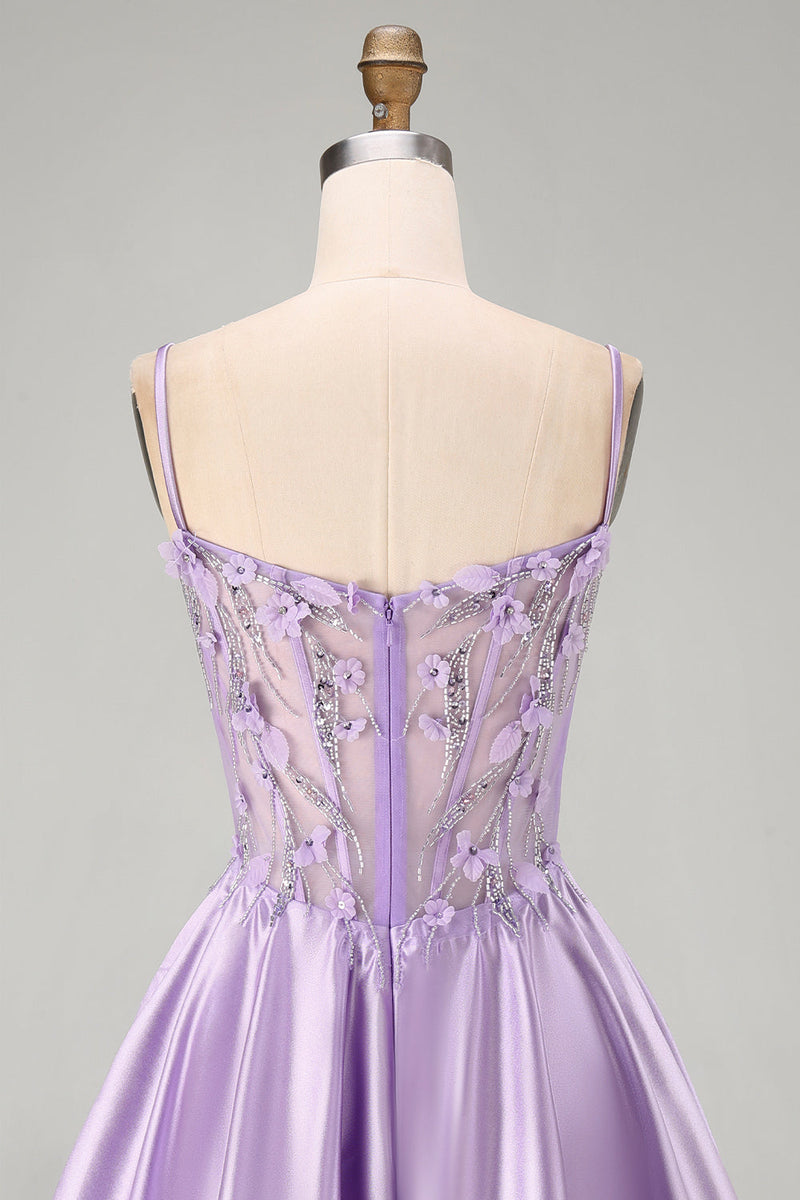 Laden Sie das Bild in den Galerie-Viewer, A-Line lilafarbenes, transparentes Korsett 3D-Blumen-Perlen-Homecoming-Kleid mit Rüschen