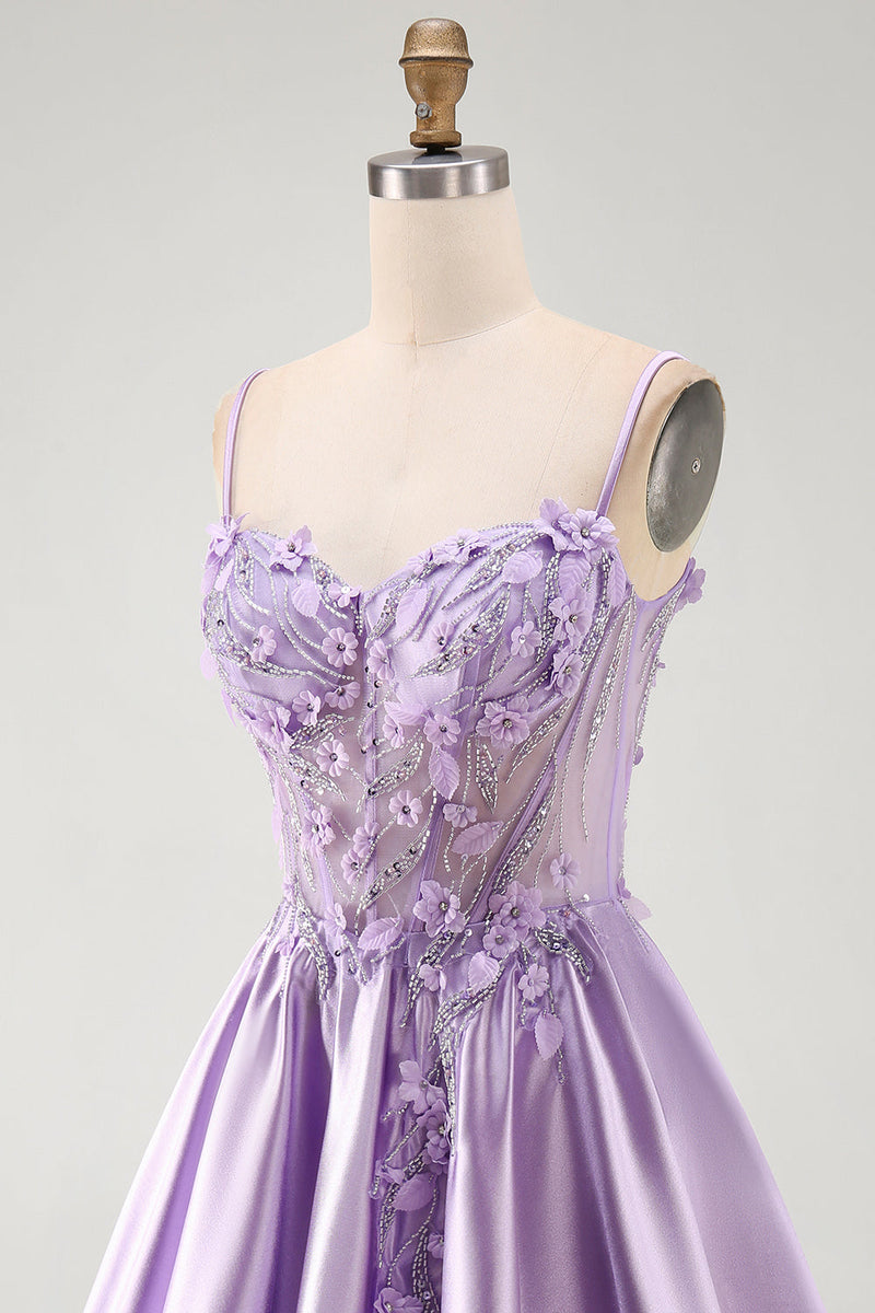 Laden Sie das Bild in den Galerie-Viewer, A-Line lilafarbenes, transparentes Korsett 3D-Blumen-Perlen-Homecoming-Kleid mit Rüschen