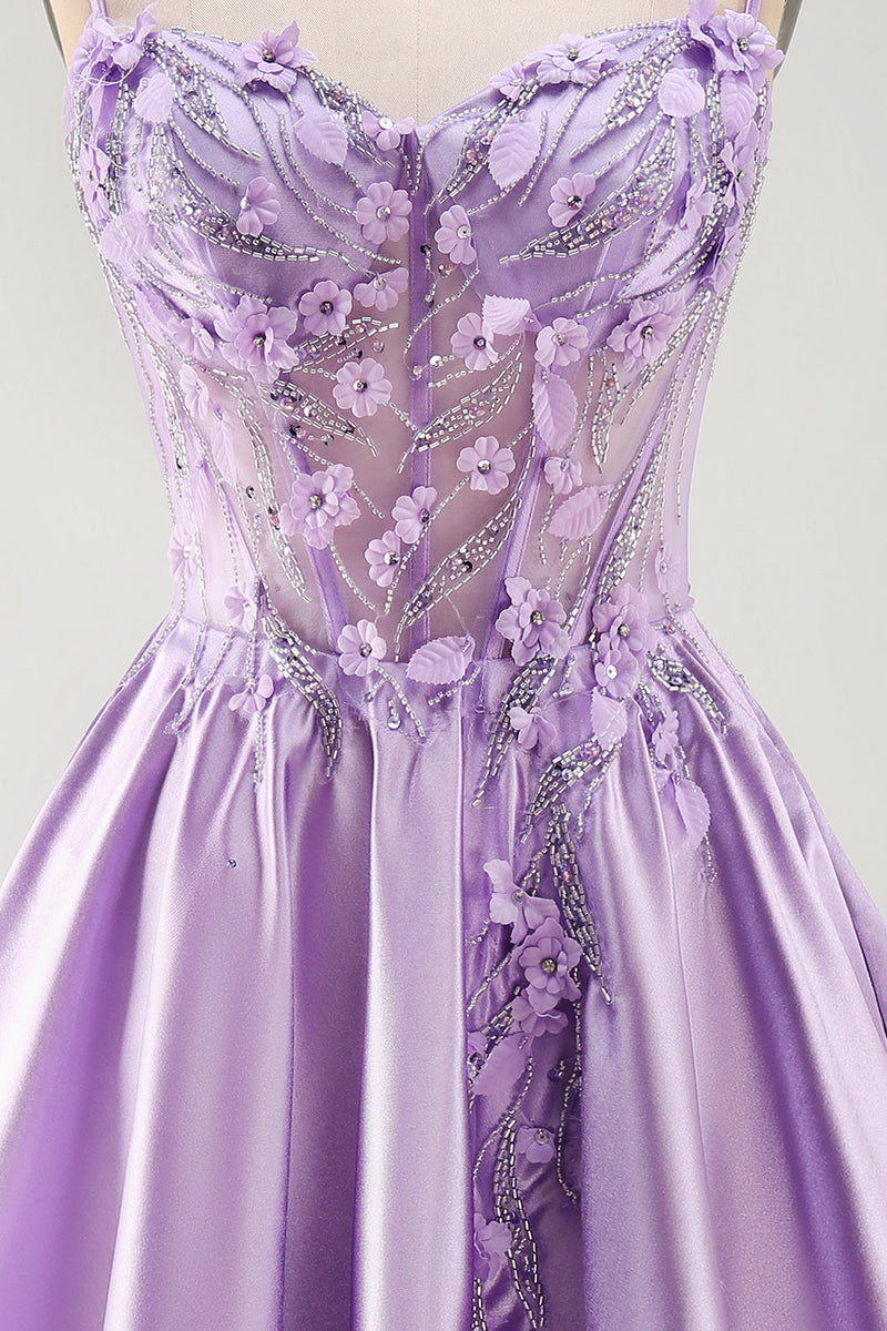 Laden Sie das Bild in den Galerie-Viewer, A-Line lilafarbenes, transparentes Korsett 3D-Blumen-Perlen-Homecoming-Kleid mit Rüschen