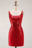 Laden Sie das Bild in den Galerie-Viewer, Glitzerndes burgunderrotes Bodycon-Pailletten, quadratischer Ausschnitt, kurzes Homecoming-Kleid