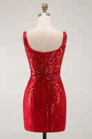 Laden Sie das Bild in den Galerie-Viewer, Glitzerndes burgunderrotes Bodycon-Pailletten, quadratischer Ausschnitt, kurzes Homecoming-Kleid