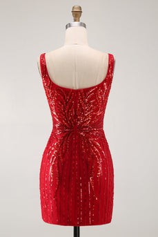 Glitzerndes Burgunderrotes Bodycon Pailletten Quadrathals Kurzes Abendkleid