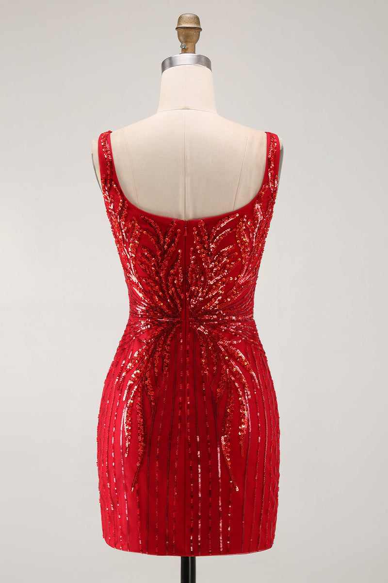 Laden Sie das Bild in den Galerie-Viewer, Glitzerndes burgunderrotes Bodycon-Pailletten, quadratischer Ausschnitt, kurzes Homecoming-Kleid