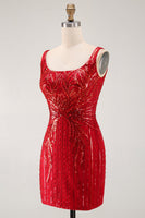 Laden Sie das Bild in den Galerie-Viewer, Glitzerndes burgunderrotes Bodycon-Pailletten, quadratischer Ausschnitt, kurzes Homecoming-Kleid